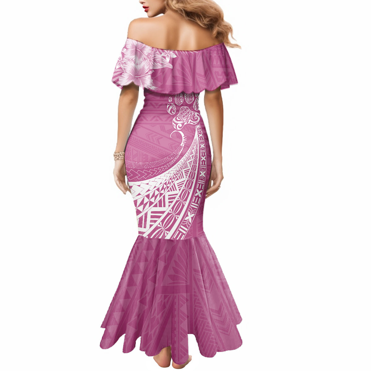 Personalised Polynesian Pacific Bulldog Mermaid Dress With Pink Hawaii Tribal Tattoo Patterns - Wonder Print Shop