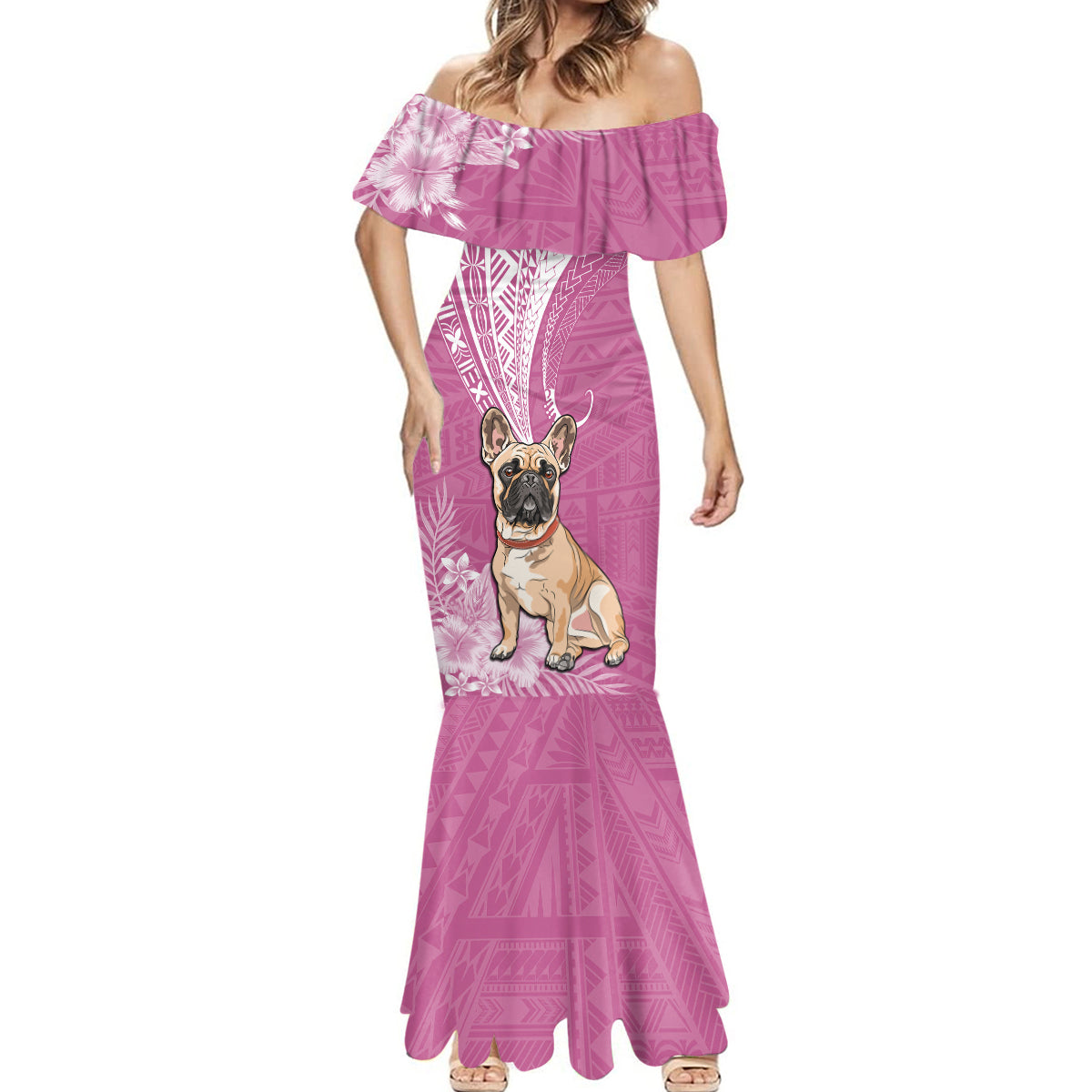Personalised Polynesian Pacific Bulldog Mermaid Dress With Pink Hawaii Tribal Tattoo Patterns - Wonder Print Shop