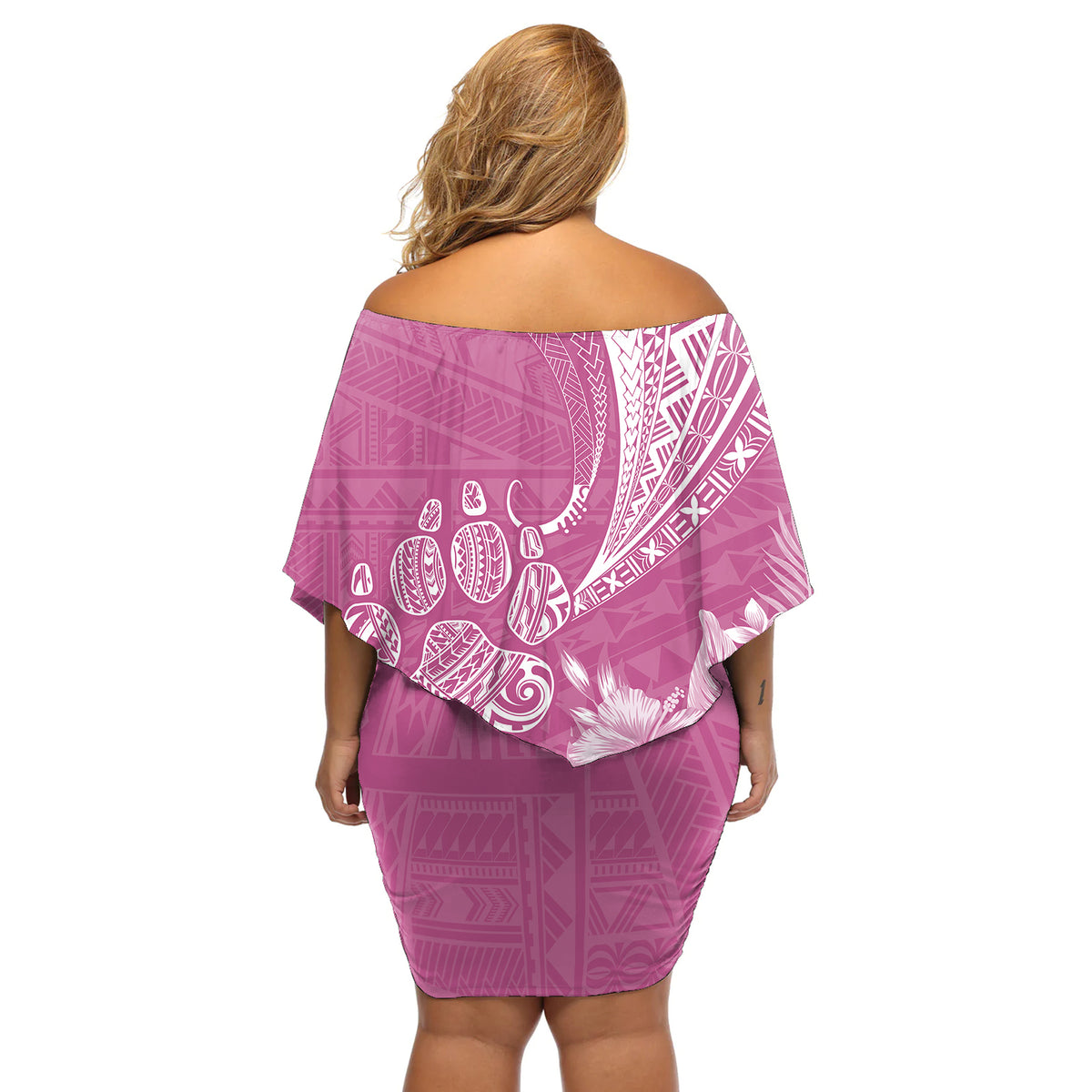 Personalised Polynesian Pacific Bulldog Off Shoulder Short Dress With Pink Hawaii Tribal Tattoo Patterns - Wonder Print Shop