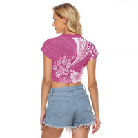 Personalised Polynesian Pacific Bulldog Raglan Cropped T Shirt With Pink Hawaii Tribal Tattoo Patterns - Wonder Print Shop