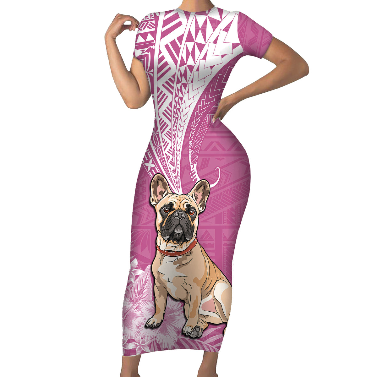 Personalised Polynesian Pacific Bulldog Short Sleeve Bodycon Dress With Pink Hawaii Tribal Tattoo Patterns - Wonder Print Shop