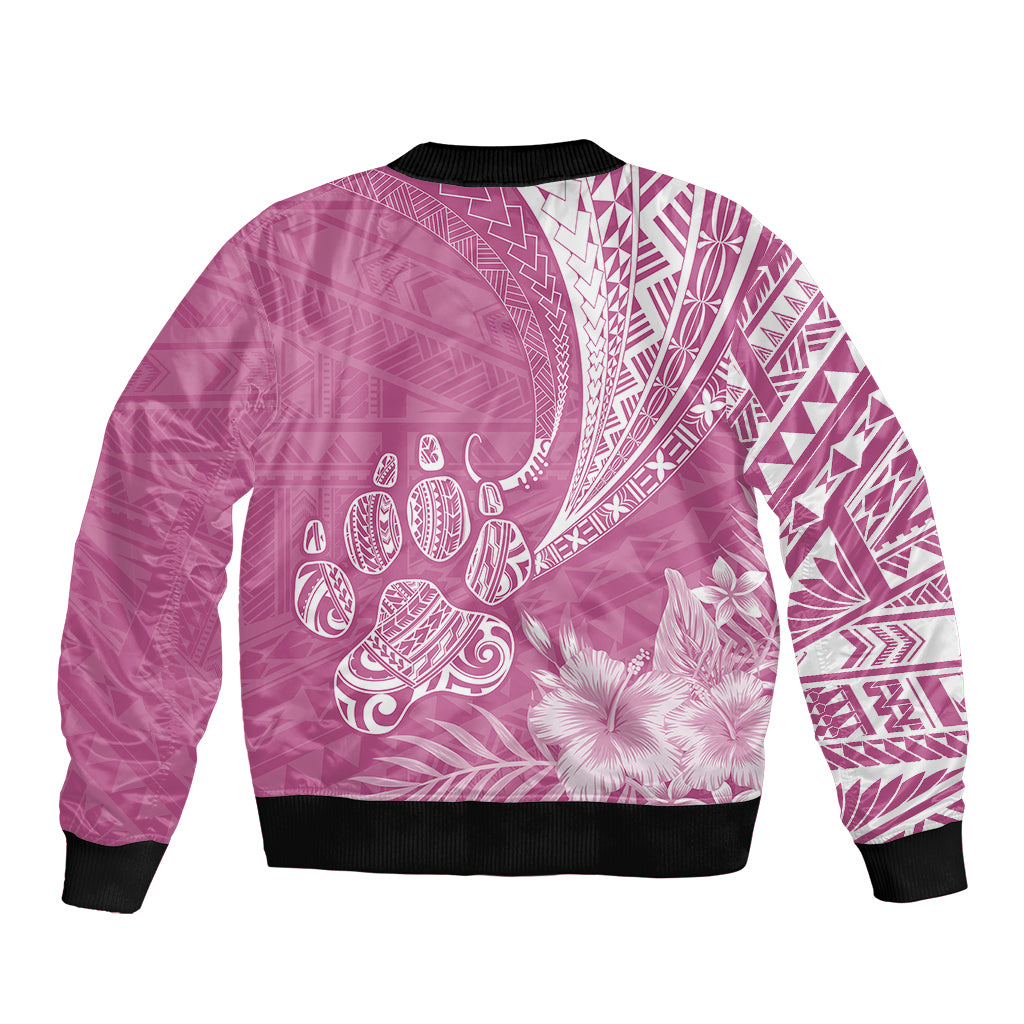 Personalised Polynesian Pacific Bulldog Sleeve Zip Bomber Jacket With Pink Hawaii Tribal Tattoo Patterns - Wonder Print Shop