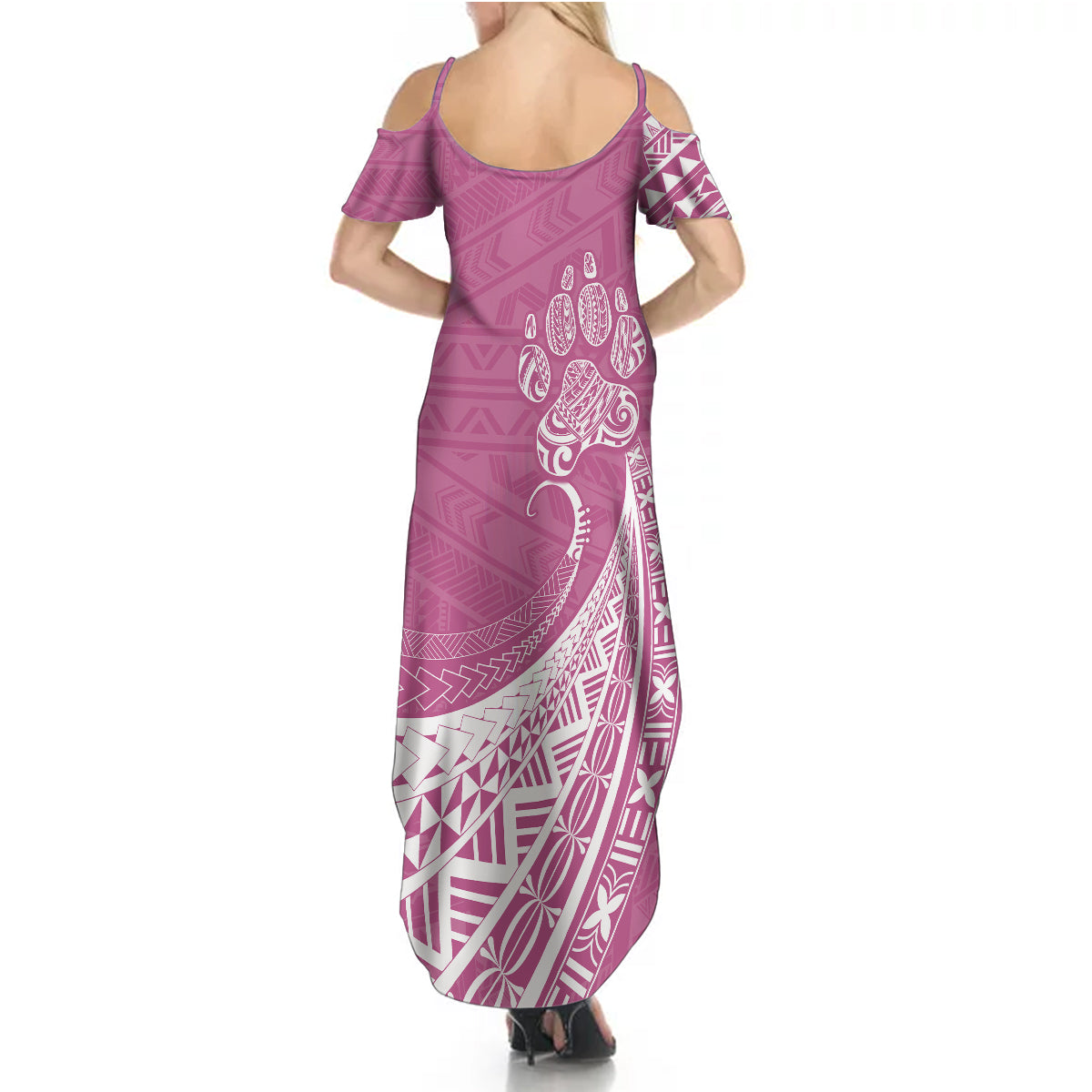 Personalised Polynesian Pacific Bulldog Summer Maxi Dress With Pink Hawaii Tribal Tattoo Patterns - Wonder Print Shop