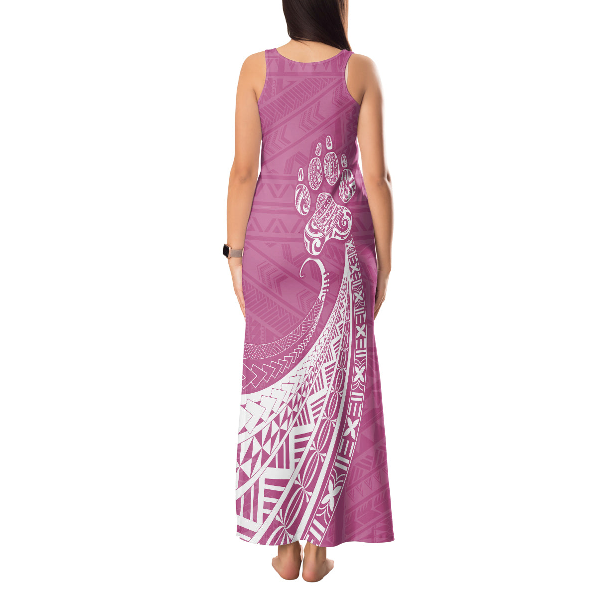 Personalised Polynesian Pacific Bulldog Tank Maxi Dress With Pink Hawaii Tribal Tattoo Patterns - Wonder Print Shop