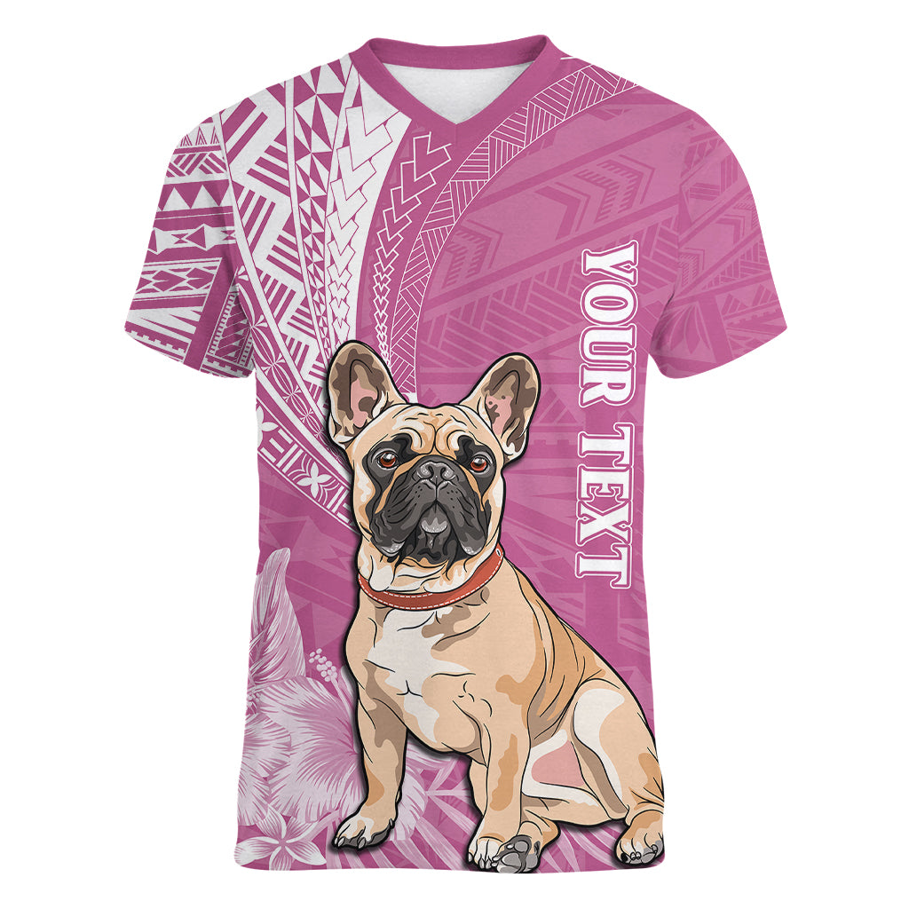 Personalised Polynesian Pacific Bulldog Women V Neck T Shirt With Pink Hawaii Tribal Tattoo Patterns - Wonder Print Shop