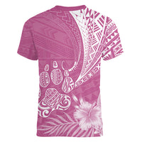 Personalised Polynesian Pacific Bulldog Women V Neck T Shirt With Pink Hawaii Tribal Tattoo Patterns - Wonder Print Shop