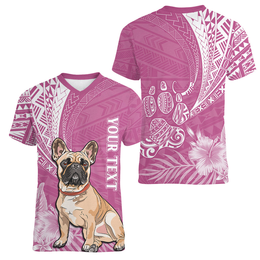 Personalised Polynesian Pacific Bulldog Women V Neck T Shirt With Pink Hawaii Tribal Tattoo Patterns - Wonder Print Shop