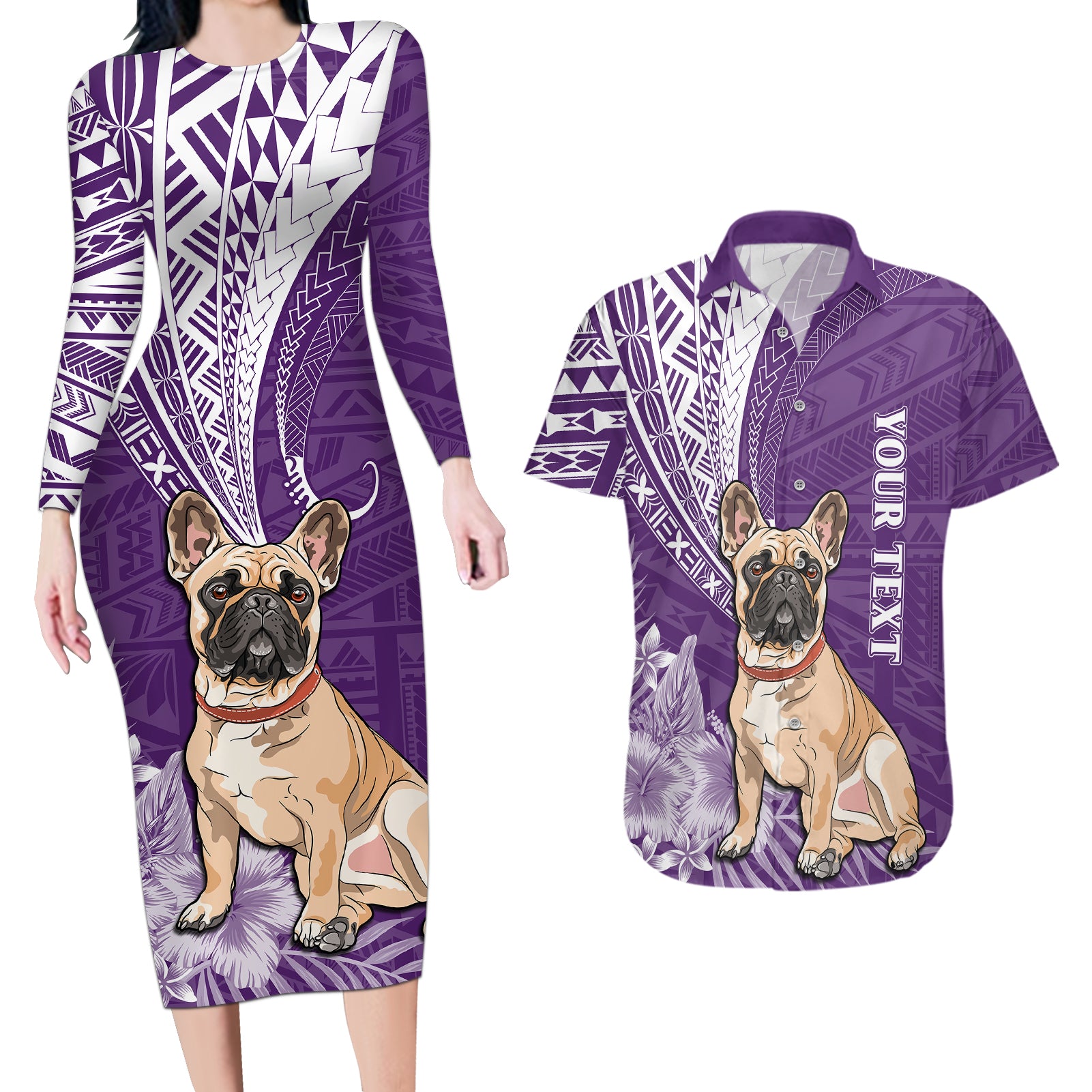Personalised Polynesian Pacific Bulldog Couples Matching Long Sleeve Bodycon Dress and Hawaiian Shirt With Violet Hawaii Tribal Tattoo Patterns LT7 - Wonder Print Shop