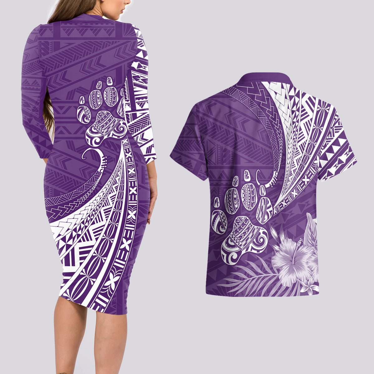 Personalised Polynesian Pacific Bulldog Couples Matching Long Sleeve Bodycon Dress and Hawaiian Shirt With Violet Hawaii Tribal Tattoo Patterns LT7 - Wonder Print Shop