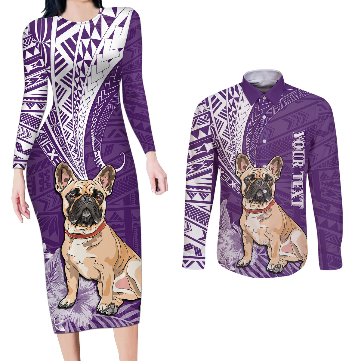 Personalised Polynesian Pacific Bulldog Couples Matching Long Sleeve Bodycon Dress and Long Sleeve Button Shirts With Violet Hawaii Tribal Tattoo Patterns LT7 - Wonder Print Shop