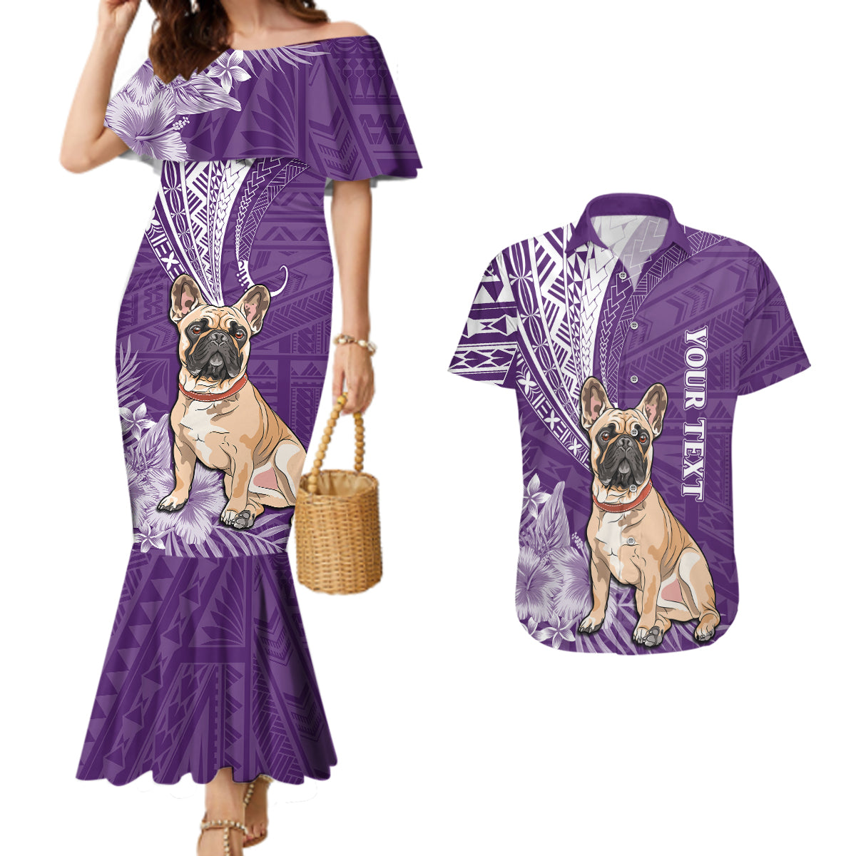Personalised Polynesian Pacific Bulldog Couples Matching Mermaid Dress And Hawaiian Shirt With Violet Hawaii Tribal Tattoo Patterns LT7 - Wonder Print Shop
