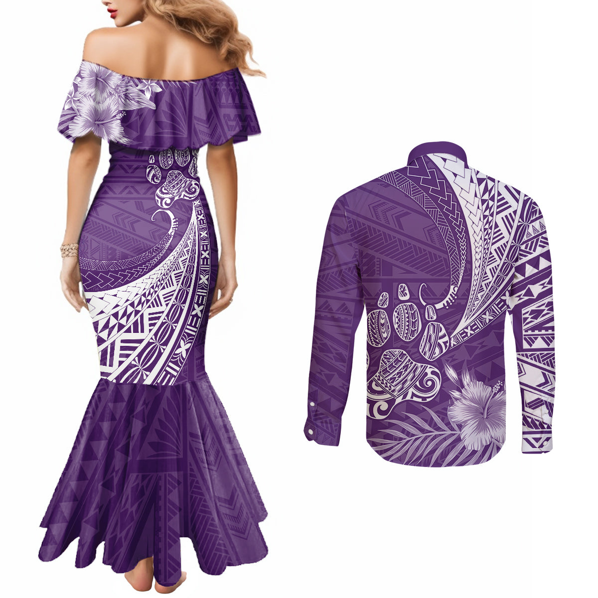 personalised-polynesian-pacific-bulldog-couples-matching-mermaid-dress-and-long-sleeve-button-shirts-with-violet-hawaii-tribal-tattoo-patterns