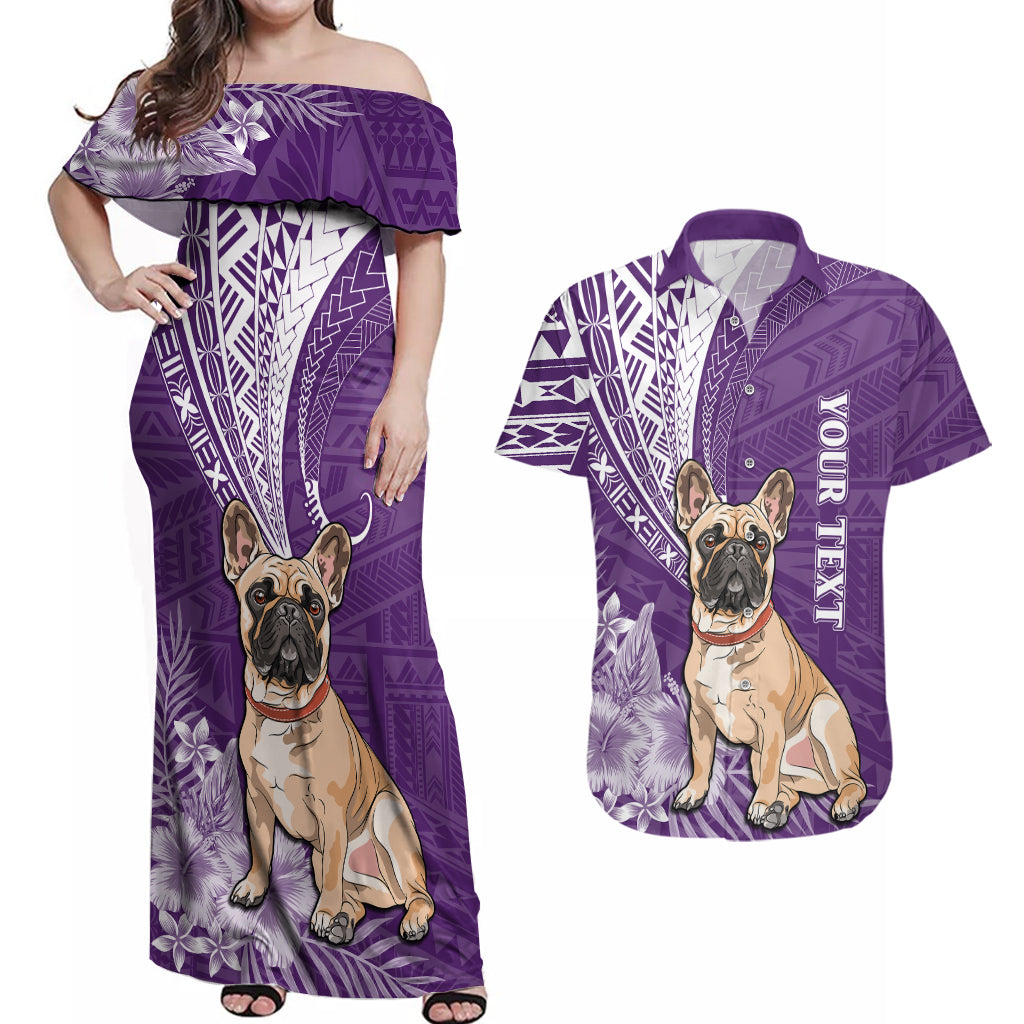 Personalised Polynesian Pacific Bulldog Couples Matching Off Shoulder Maxi Dress and Hawaiian Shirt With Violet Hawaii Tribal Tattoo Patterns LT7 - Wonder Print Shop