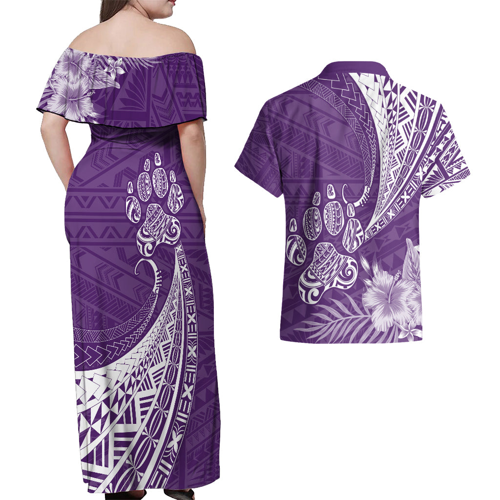 Personalised Polynesian Pacific Bulldog Couples Matching Off Shoulder Maxi Dress and Hawaiian Shirt With Violet Hawaii Tribal Tattoo Patterns LT7 - Wonder Print Shop