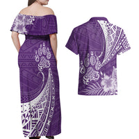 Personalised Polynesian Pacific Bulldog Couples Matching Off Shoulder Maxi Dress and Hawaiian Shirt With Violet Hawaii Tribal Tattoo Patterns LT7 - Wonder Print Shop