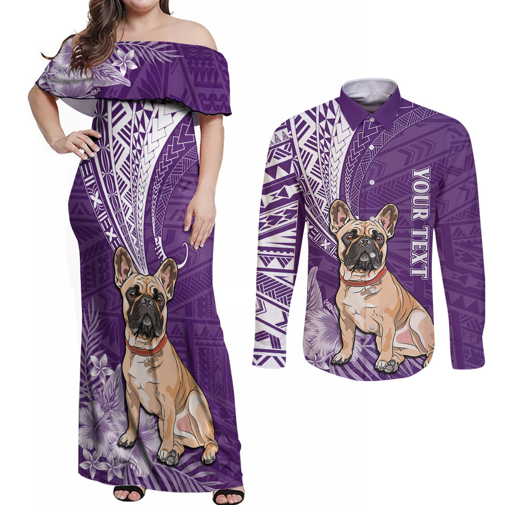 Personalised Polynesian Pacific Bulldog Couples Matching Off Shoulder Maxi Dress and Long Sleeve Button Shirts With Violet Hawaii Tribal Tattoo Patterns LT7 - Wonder Print Shop