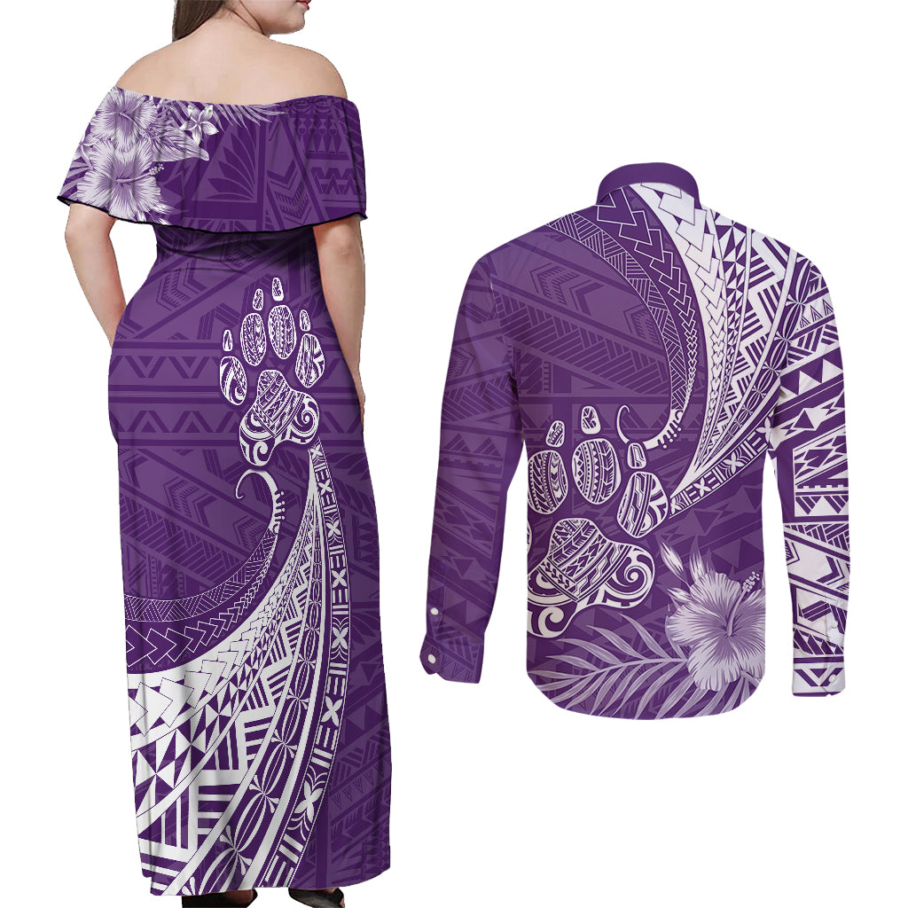 Personalised Polynesian Pacific Bulldog Couples Matching Off Shoulder Maxi Dress and Long Sleeve Button Shirts With Violet Hawaii Tribal Tattoo Patterns LT7 - Wonder Print Shop