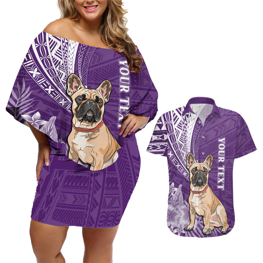 Personalised Polynesian Pacific Bulldog Couples Matching Off Shoulder Short Dress and Hawaiian Shirt With Violet Hawaii Tribal Tattoo Patterns LT7 - Wonder Print Shop