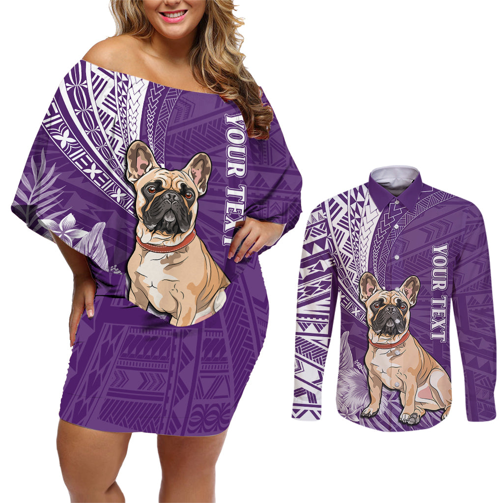 Personalised Polynesian Pacific Bulldog Couples Matching Off Shoulder Short Dress and Long Sleeve Button Shirts With Violet Hawaii Tribal Tattoo Patterns LT7 - Wonder Print Shop