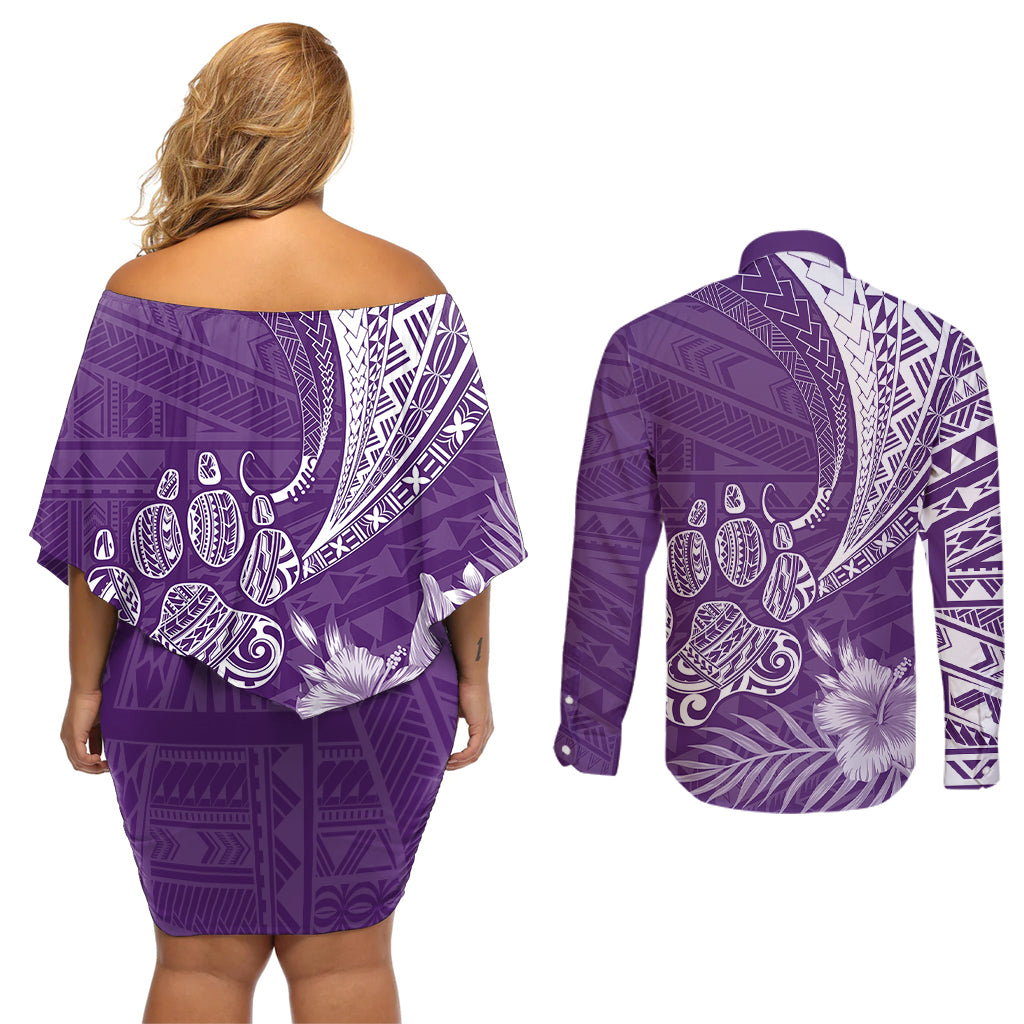 Personalised Polynesian Pacific Bulldog Couples Matching Off Shoulder Short Dress and Long Sleeve Button Shirts With Violet Hawaii Tribal Tattoo Patterns LT7 - Wonder Print Shop