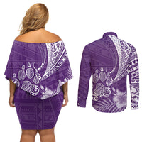 Personalised Polynesian Pacific Bulldog Couples Matching Off Shoulder Short Dress and Long Sleeve Button Shirts With Violet Hawaii Tribal Tattoo Patterns LT7 - Wonder Print Shop