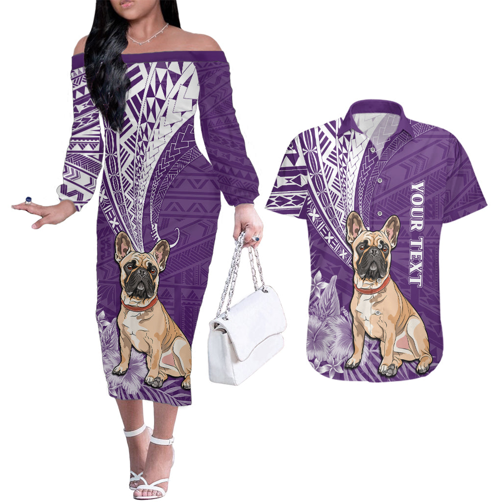 Personalised Polynesian Pacific Bulldog Couples Matching Off The Shoulder Long Sleeve Dress and Hawaiian Shirt With Violet Hawaii Tribal Tattoo Patterns LT7 - Wonder Print Shop
