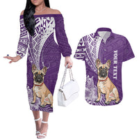 Personalised Polynesian Pacific Bulldog Couples Matching Off The Shoulder Long Sleeve Dress and Hawaiian Shirt With Violet Hawaii Tribal Tattoo Patterns LT7 - Wonder Print Shop