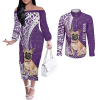 personalised-polynesian-pacific-bulldog-couples-matching-off-the-shoulder-long-sleeve-dress-and-long-sleeve-button-shirts-with-violet-hawaii-tribal-tattoo-patterns