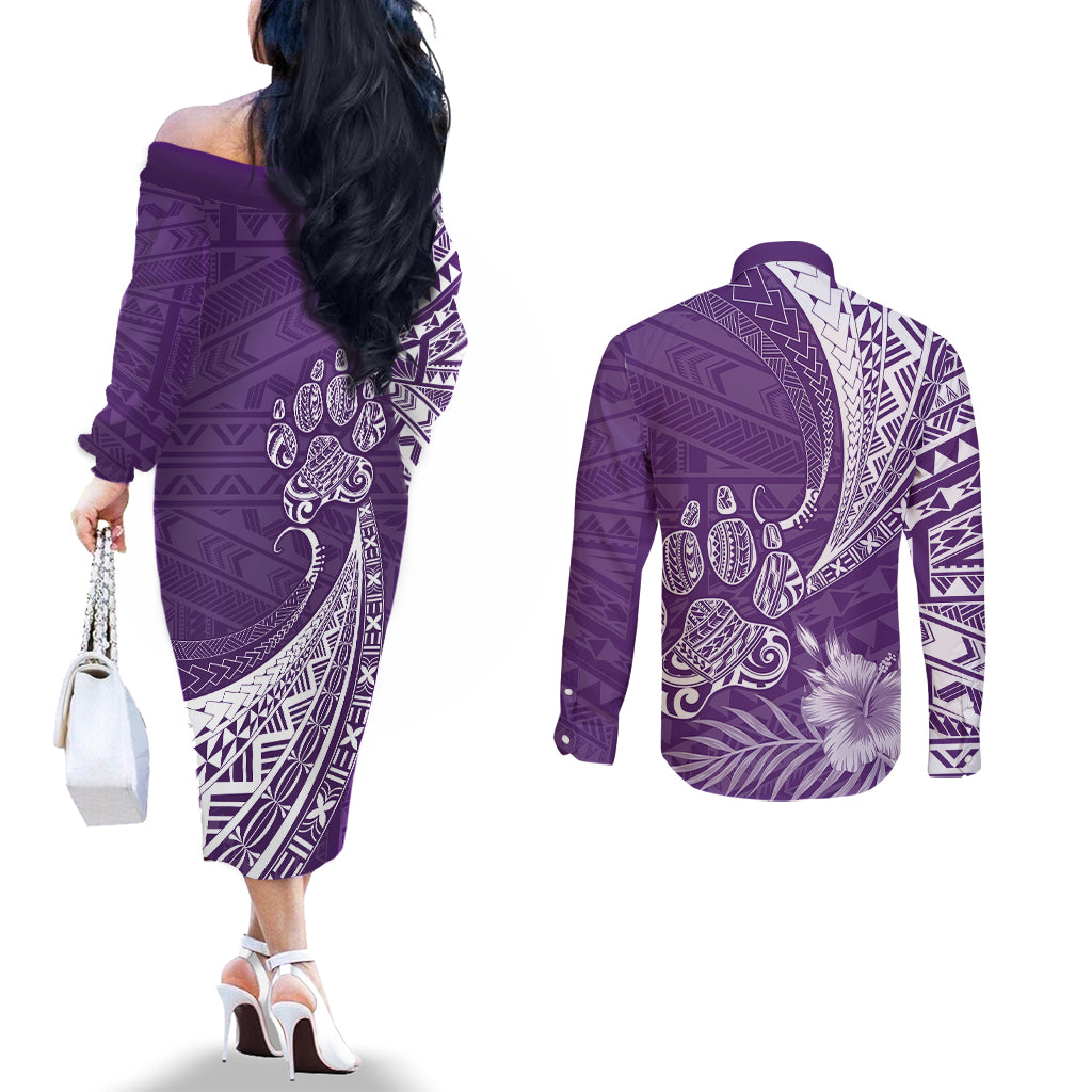 personalised-polynesian-pacific-bulldog-couples-matching-off-the-shoulder-long-sleeve-dress-and-long-sleeve-button-shirts-with-violet-hawaii-tribal-tattoo-patterns