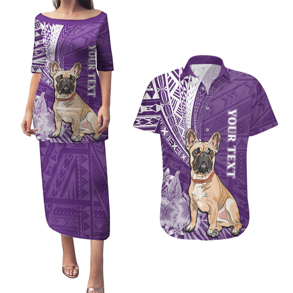 Personalised Polynesian Pacific Bulldog Couples Matching Puletasi Dress and Hawaiian Shirt With Violet Hawaii Tribal Tattoo Patterns LT7 - Wonder Print Shop