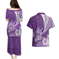 Personalised Polynesian Pacific Bulldog Couples Matching Puletasi Dress and Hawaiian Shirt With Violet Hawaii Tribal Tattoo Patterns LT7 - Wonder Print Shop