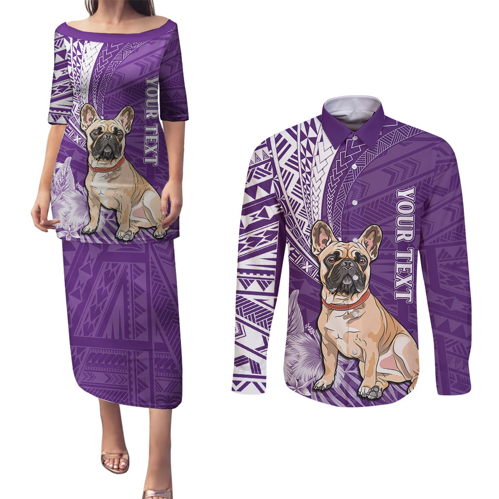 Personalised Polynesian Pacific Bulldog Couples Matching Puletasi Dress and Long Sleeve Button Shirts With Violet Hawaii Tribal Tattoo Patterns LT7 - Wonder Print Shop