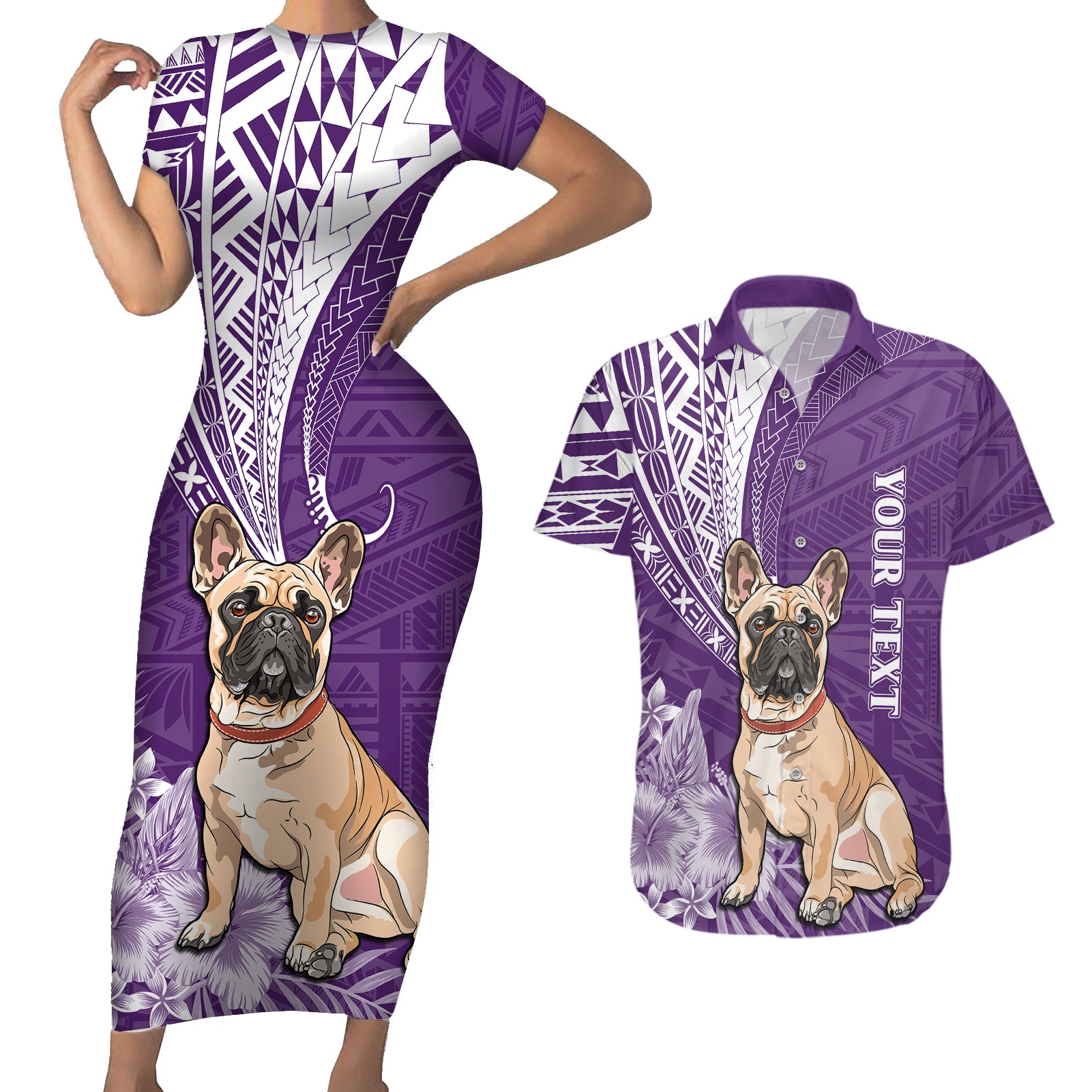 Personalised Polynesian Pacific Bulldog Couples Matching Short Sleeve Bodycon Dress and Hawaiian Shirt With Violet Hawaii Tribal Tattoo Patterns LT7 - Wonder Print Shop
