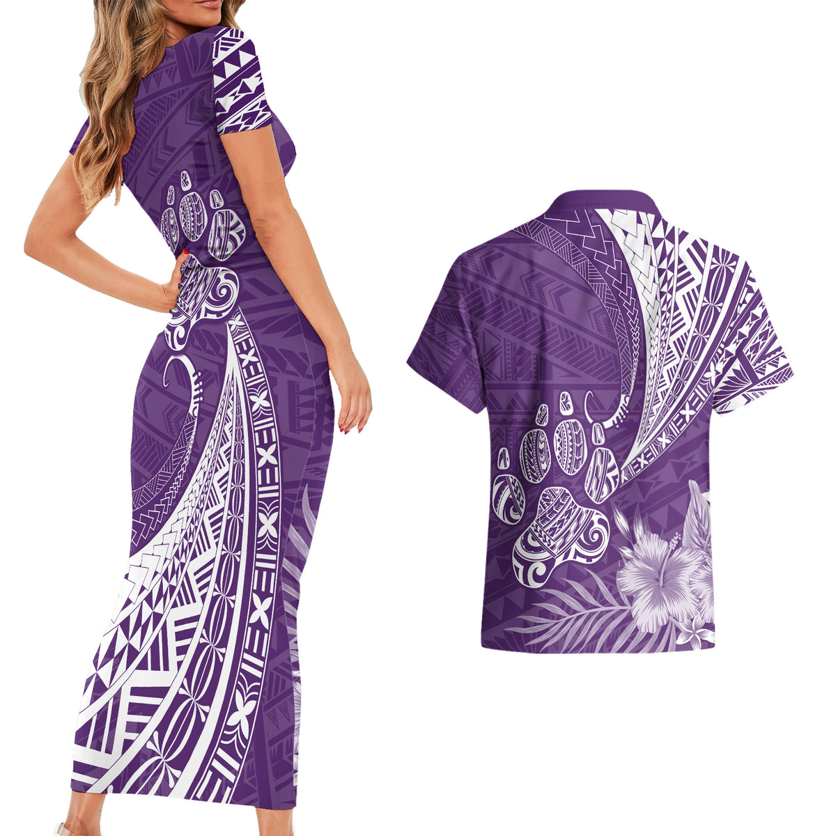 Personalised Polynesian Pacific Bulldog Couples Matching Short Sleeve Bodycon Dress and Hawaiian Shirt With Violet Hawaii Tribal Tattoo Patterns LT7 - Wonder Print Shop