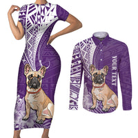 Personalised Polynesian Pacific Bulldog Couples Matching Short Sleeve Bodycon Dress and Long Sleeve Button Shirts With Violet Hawaii Tribal Tattoo Patterns LT7 - Wonder Print Shop