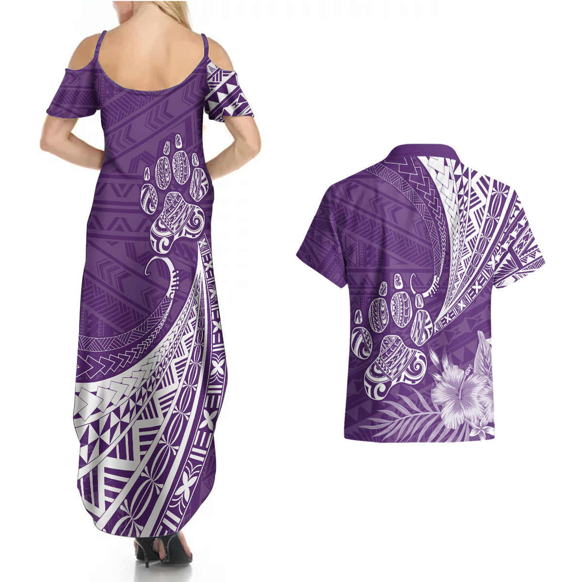 Personalised Polynesian Pacific Bulldog Couples Matching Summer Maxi Dress and Hawaiian Shirt With Violet Hawaii Tribal Tattoo Patterns LT7 - Wonder Print Shop