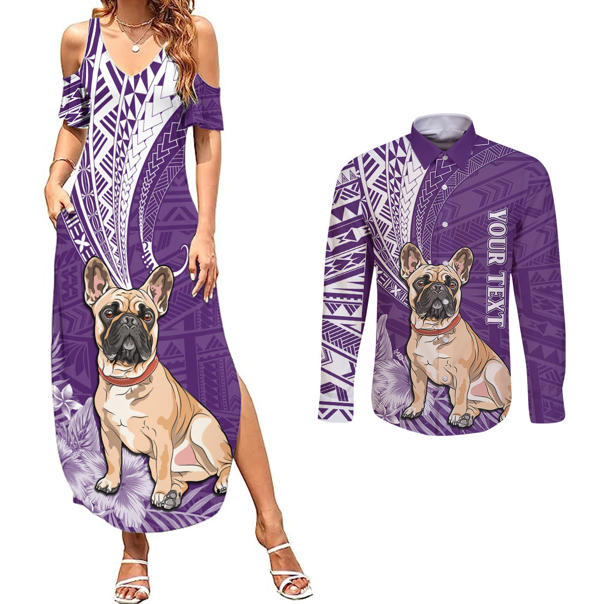 Personalised Polynesian Pacific Bulldog Couples Matching Summer Maxi Dress and Long Sleeve Button Shirts With Violet Hawaii Tribal Tattoo Patterns LT7 - Wonder Print Shop