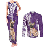Personalised Polynesian Pacific Bulldog Couples Matching Tank Maxi Dress and Long Sleeve Button Shirts With Violet Hawaii Tribal Tattoo Patterns LT7 - Wonder Print Shop