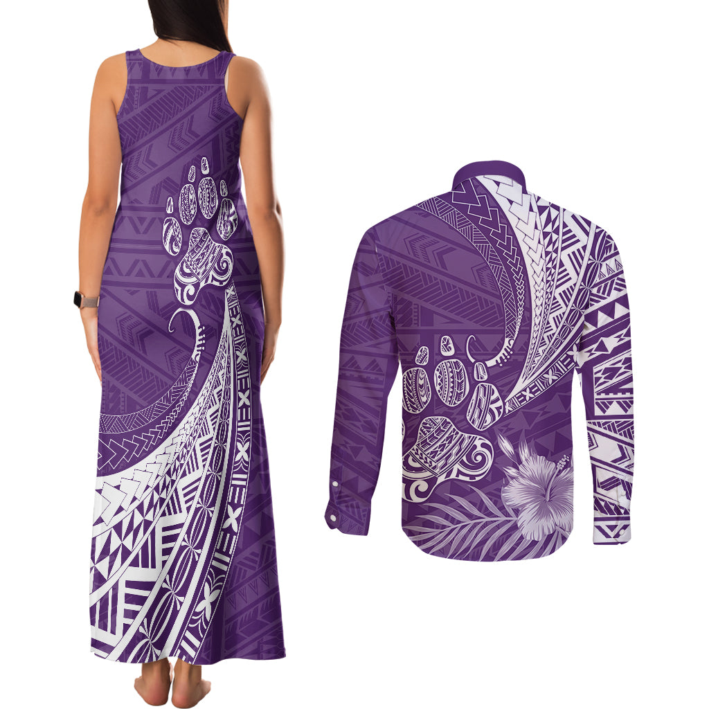 Personalised Polynesian Pacific Bulldog Couples Matching Tank Maxi Dress and Long Sleeve Button Shirts With Violet Hawaii Tribal Tattoo Patterns LT7 - Wonder Print Shop
