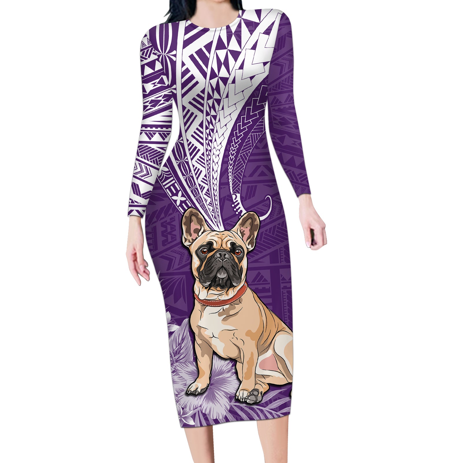 Personalised Polynesian Pacific Bulldog Long Sleeve Bodycon Dress With Violet Hawaii Tribal Tattoo Patterns - Wonder Print Shop