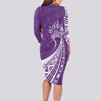 Personalised Polynesian Pacific Bulldog Long Sleeve Bodycon Dress With Violet Hawaii Tribal Tattoo Patterns - Wonder Print Shop
