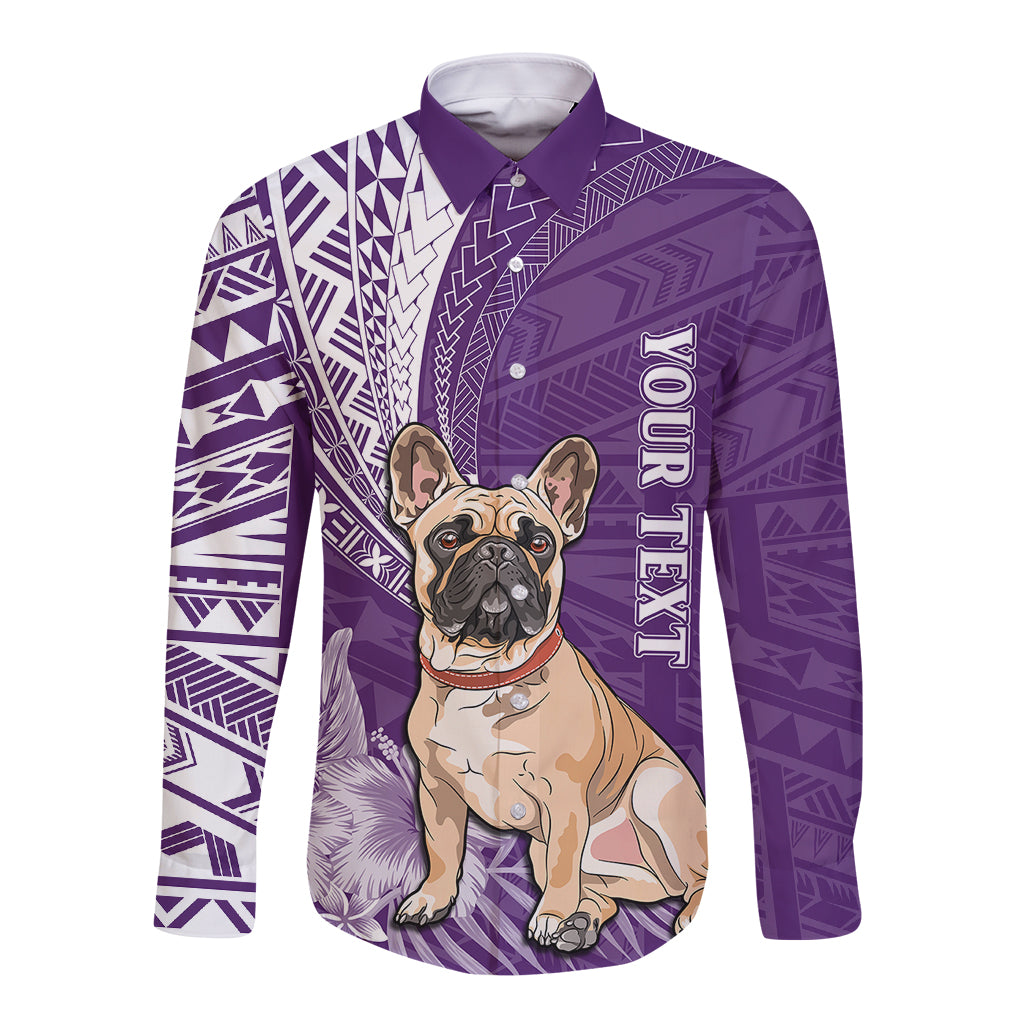 Personalised Polynesian Pacific Bulldog Long Sleeve Button Shirt With Violet Hawaii Tribal Tattoo Patterns - Wonder Print Shop