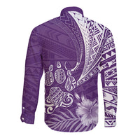 Personalised Polynesian Pacific Bulldog Long Sleeve Button Shirt With Violet Hawaii Tribal Tattoo Patterns - Wonder Print Shop