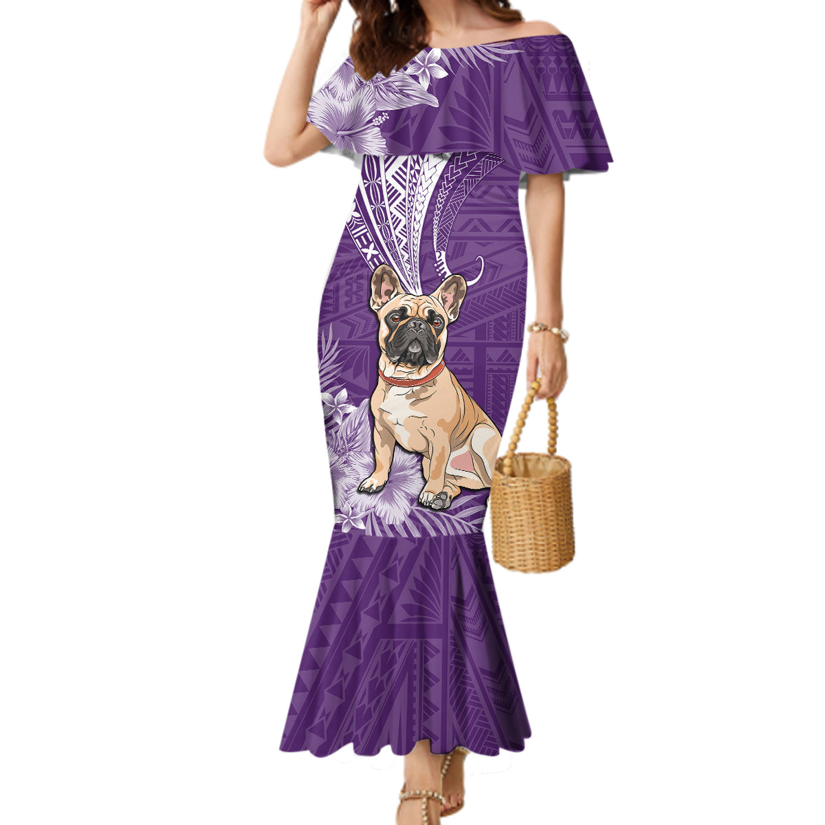 Personalised Polynesian Pacific Bulldog Mermaid Dress With Violet Hawaii Tribal Tattoo Patterns - Wonder Print Shop