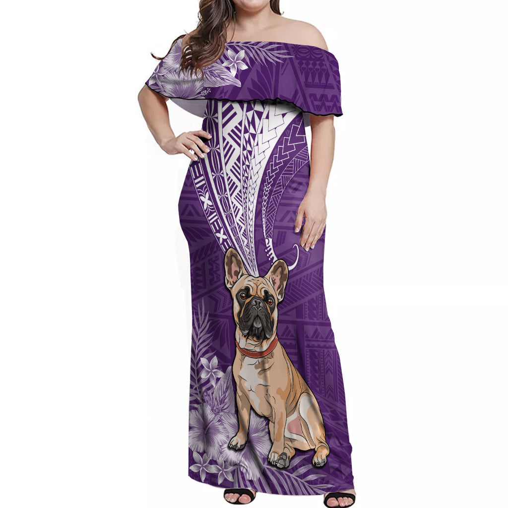 Personalised Polynesian Pacific Bulldog Off Shoulder Maxi Dress With Violet Hawaii Tribal Tattoo Patterns - Wonder Print Shop