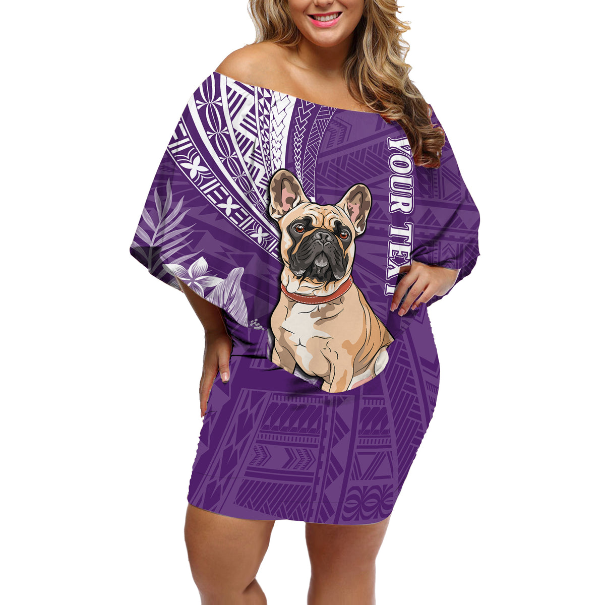 Personalised Polynesian Pacific Bulldog Off Shoulder Short Dress With Violet Hawaii Tribal Tattoo Patterns - Wonder Print Shop