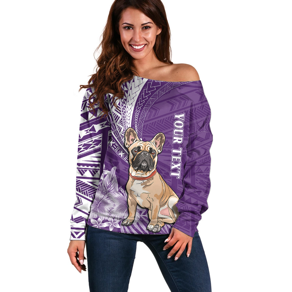Personalised Polynesian Pacific Bulldog Off Shoulder Sweater With Violet Hawaii Tribal Tattoo Patterns - Wonder Print Shop