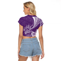 Personalised Polynesian Pacific Bulldog Raglan Cropped T Shirt With Violet Hawaii Tribal Tattoo Patterns - Wonder Print Shop