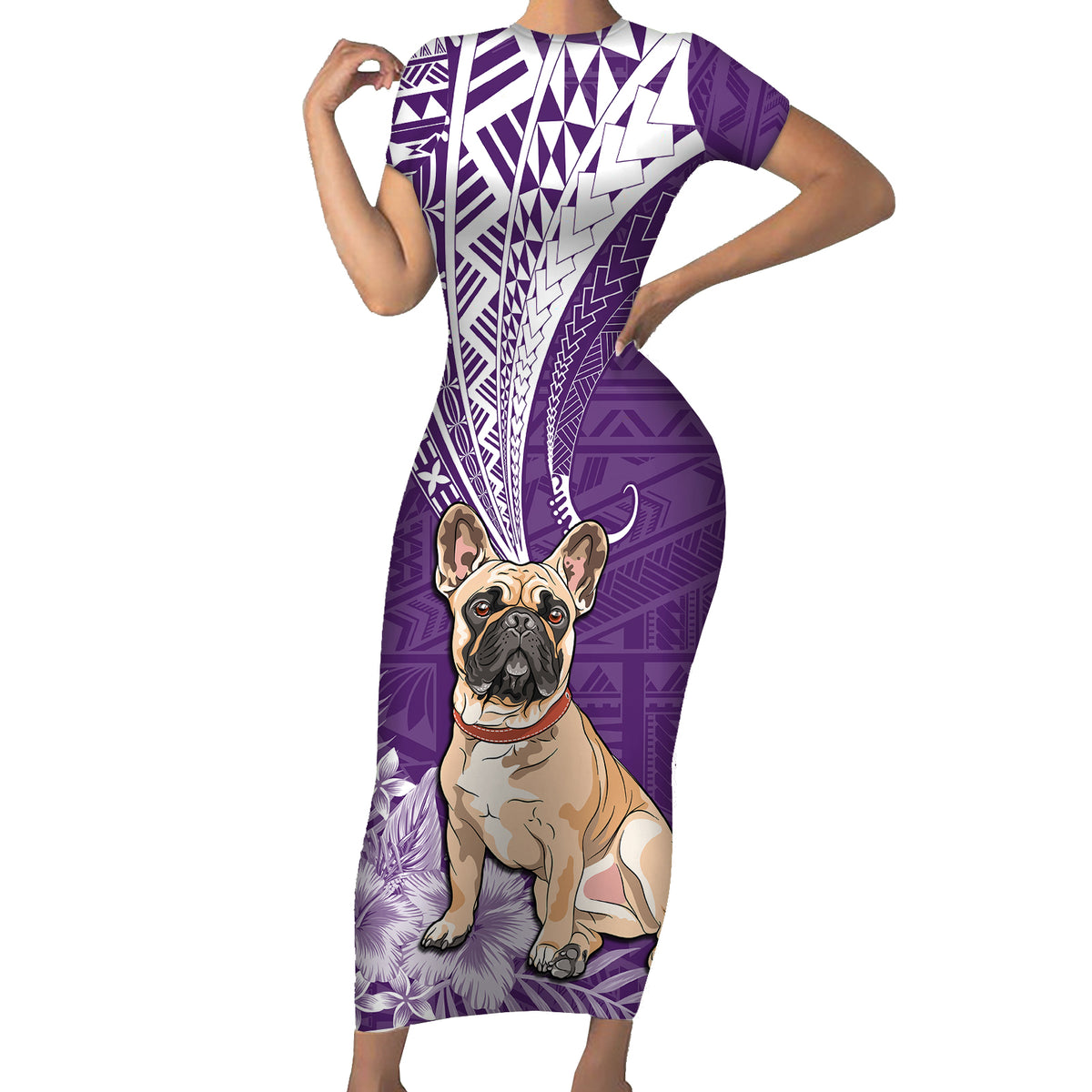 Personalised Polynesian Pacific Bulldog Short Sleeve Bodycon Dress With Violet Hawaii Tribal Tattoo Patterns - Wonder Print Shop