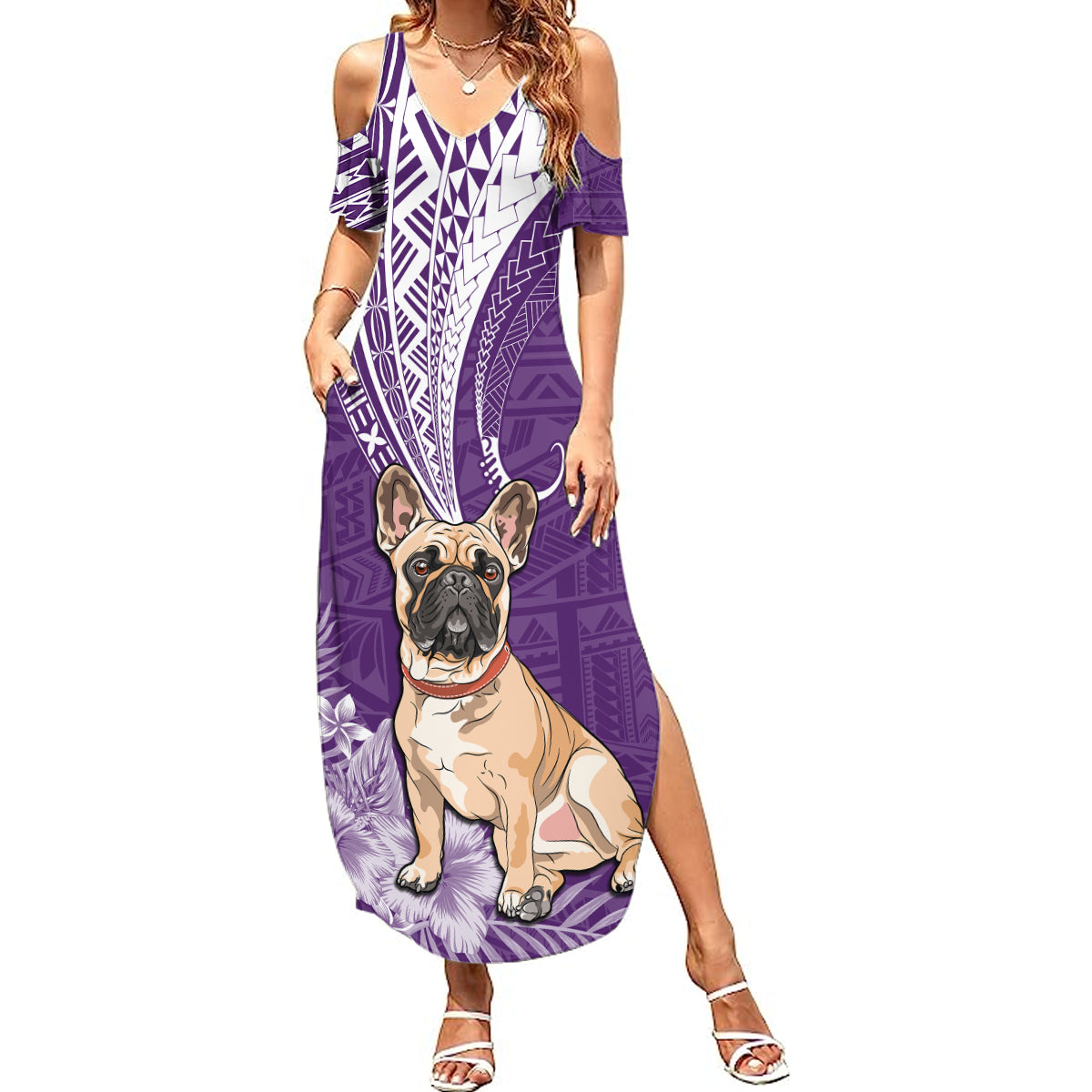 Personalised Polynesian Pacific Bulldog Summer Maxi Dress With Violet Hawaii Tribal Tattoo Patterns - Wonder Print Shop